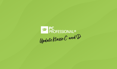 PC Professional Logo Weißes PC Professional Logo mit schwarzem Schriftzug "Update C und D" darunter